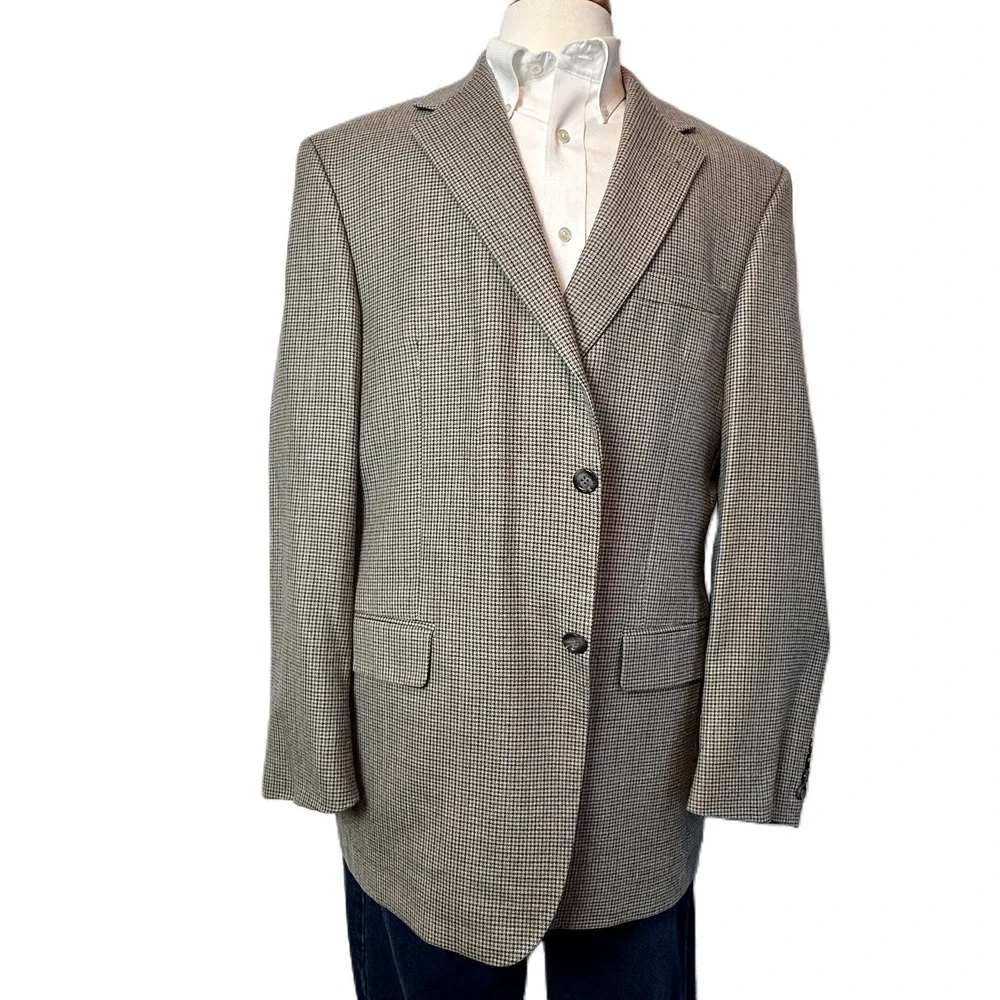 A Fezza Beige Houndstooth Tan Silk Wool 2-Button Blazer 44L Sport Coat Jacket‎